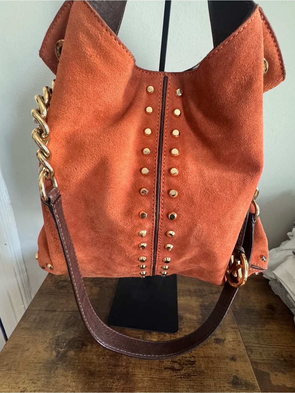 Michael Kors Orange Suede Studded Tote Bag with Gold Accents - Picture 2 of 7